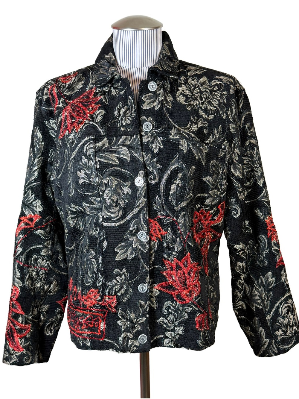 Chico's Beaded Metallic Floral Tapestry Jacket Black Red Size 1 / Medium